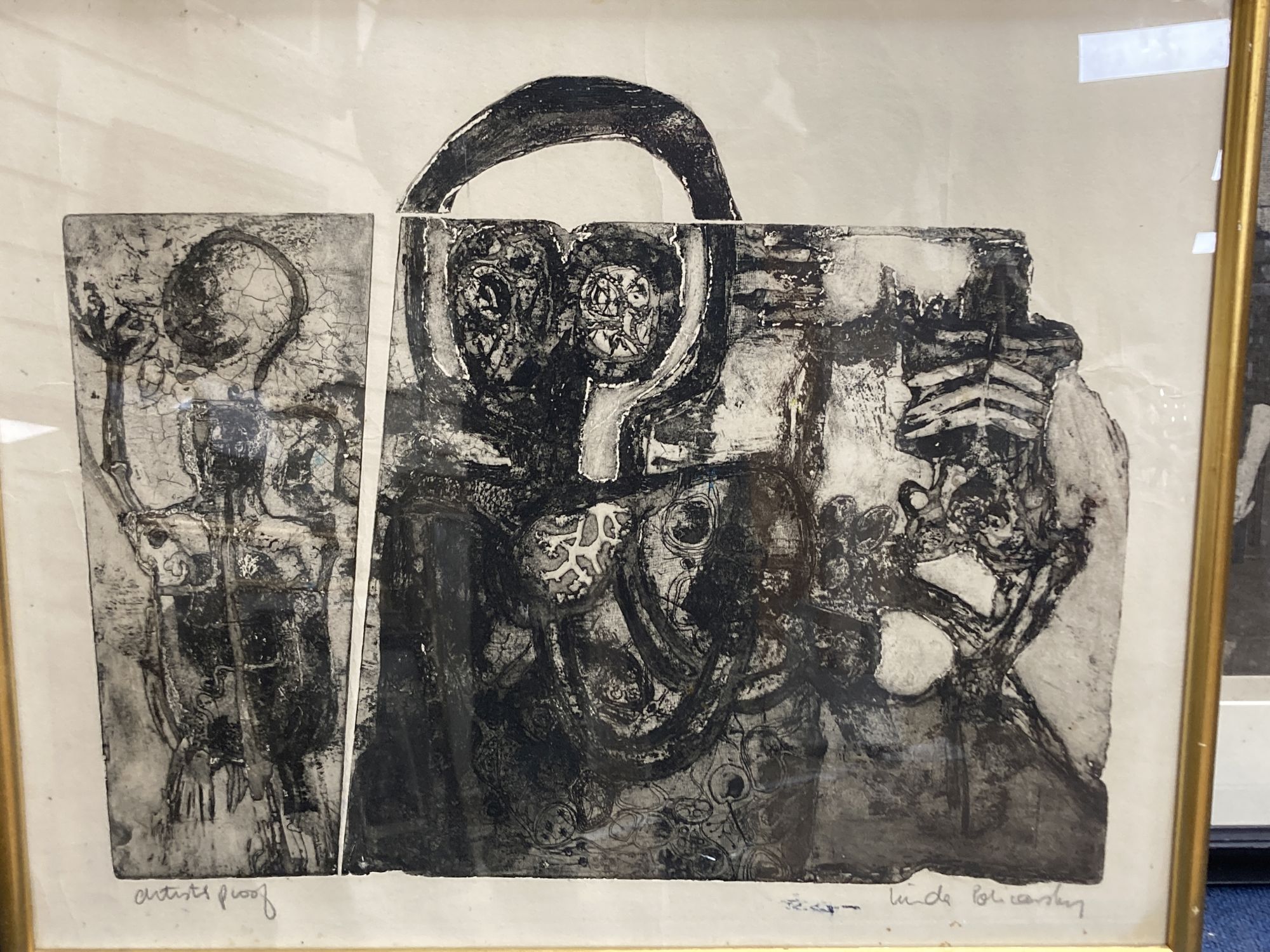 Modern British, etching and aquatint, Woman seated on a sofa, 33 x 32cm, a Polish artist proof print, 43 x 52cm and a pen and ink study